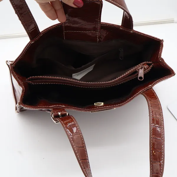Liz Claiborne Tote Bag Women's Large Croc Embossed Brown Patent Faux Leather - Image 8