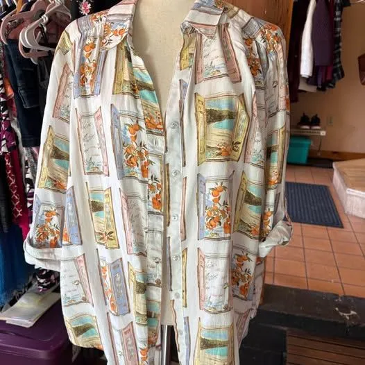 Long Sleeve Button-Down Shirt with Window and Orange Print 1X - Image 6