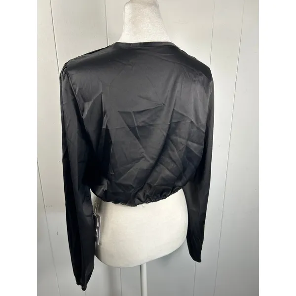 Commense NWT Black Satin Crop Blouse with Front Tie Night Out Minimalist Size S - Image 3