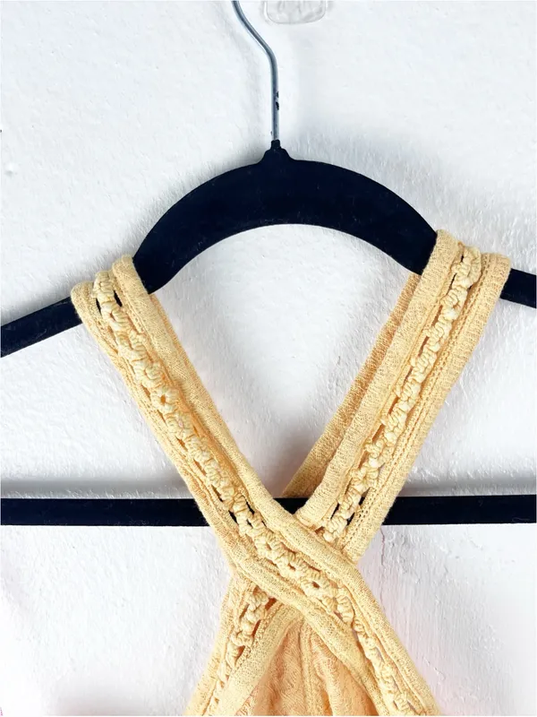 FREE PEOPLE Yellow Textured Embroidered Straps Halter Top Size Large Boho Casual - Image 9