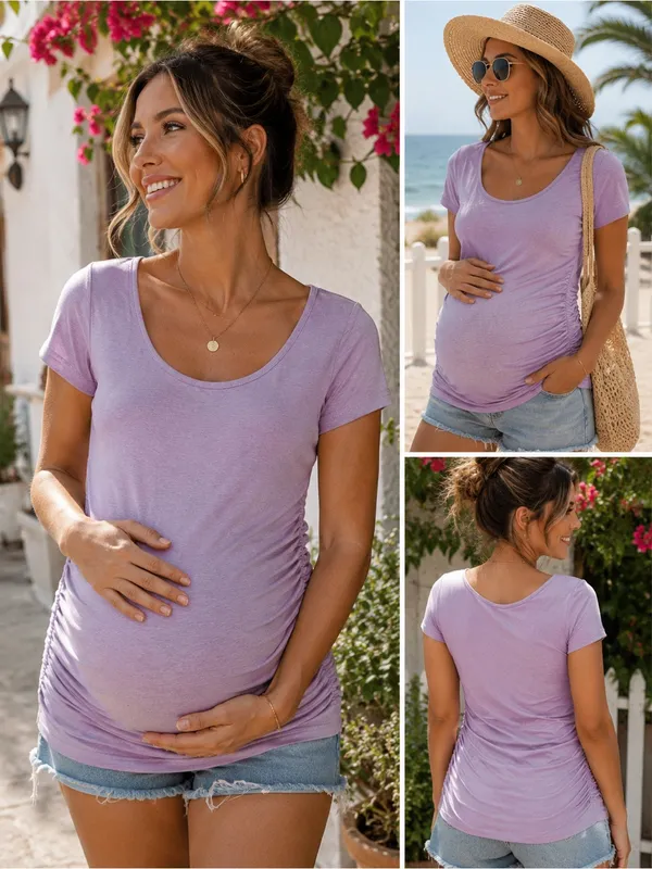 Maternity Lavender Ruched Side Scoop Neck Tunic Top Size Medium Soft Stretch Tee - Image 2