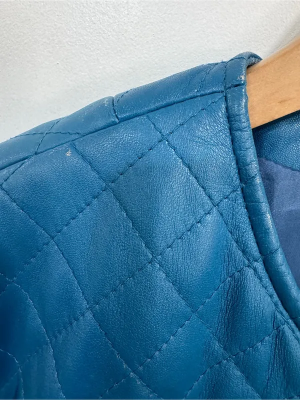 VTG Newport News Quilted Leather Jacket Size 6 Blue Collarless Zip Front - Image 10