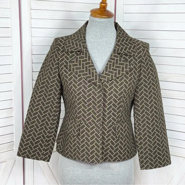 Ann Taylor Loft‎ Blazer Women 2 Brown Herringbone Tile Geometric Print Jacket - Image 2