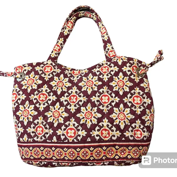 VERA BRADLEY Small Handbag Purse Brown/Beige/Red Print Quilted Cotton - Image 8
