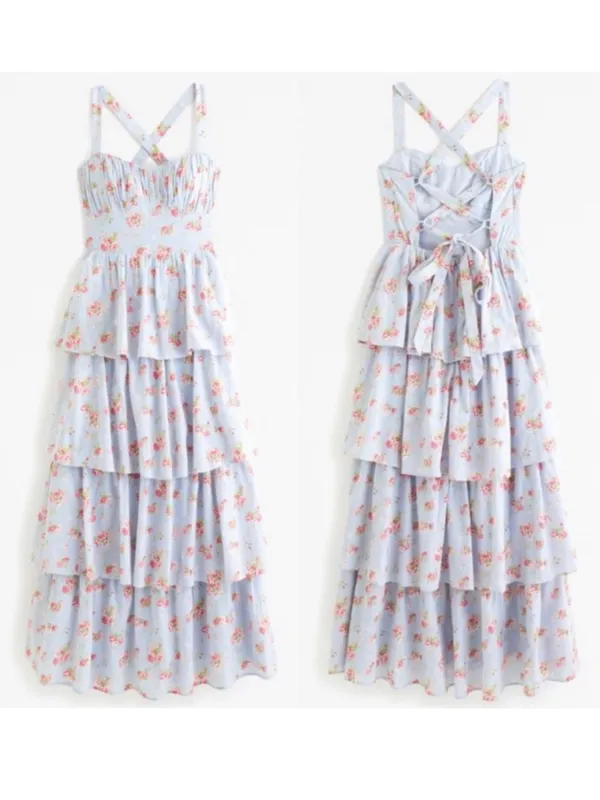 Abercrombie and Fitch Tiered Maxi Dress Lace Up Blue Floral Medium TALL - Image 4