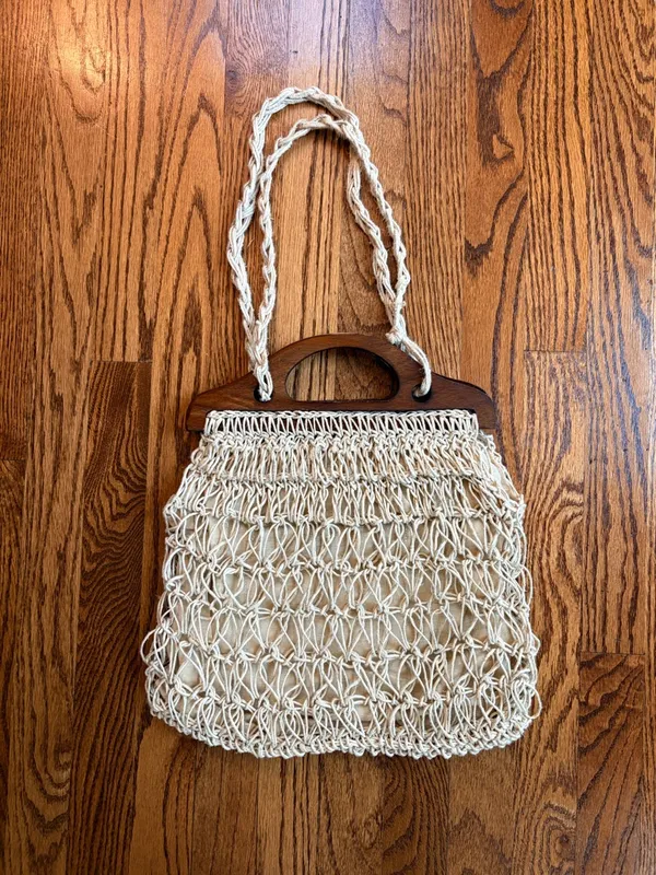 Vintage Simon New York Macrame Bag Wood Handle Italy 60s 70s Boho - Image 2