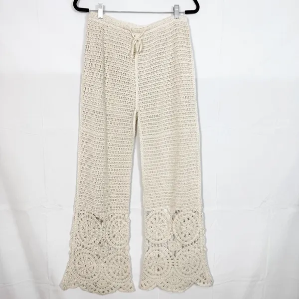 Solitaire X Anthropologie Crochet Wide Leg Pants Cream Ivory Boho Bohemian - Image 3