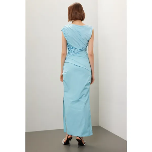 Paris Georgia Kaya Light Blue Ruched Sleeveless Maxi Dress Size S - Image 4