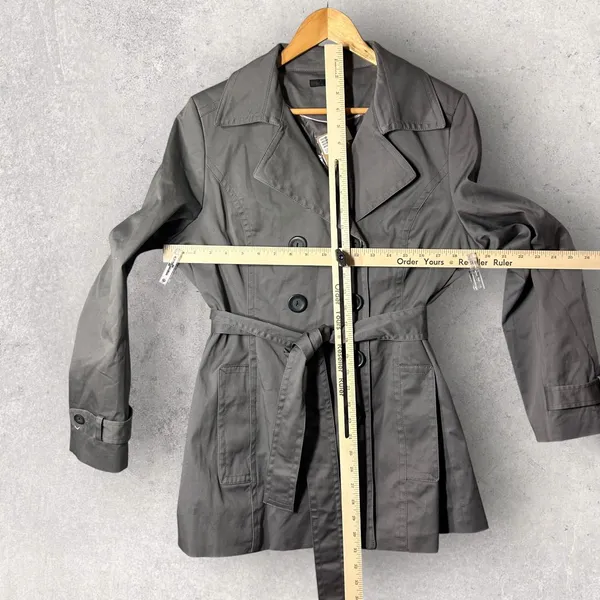 NEW Etam Trench Coat Womens US 12 Gray Double Breasted Belted‎ Stretch Jacket - Image 8