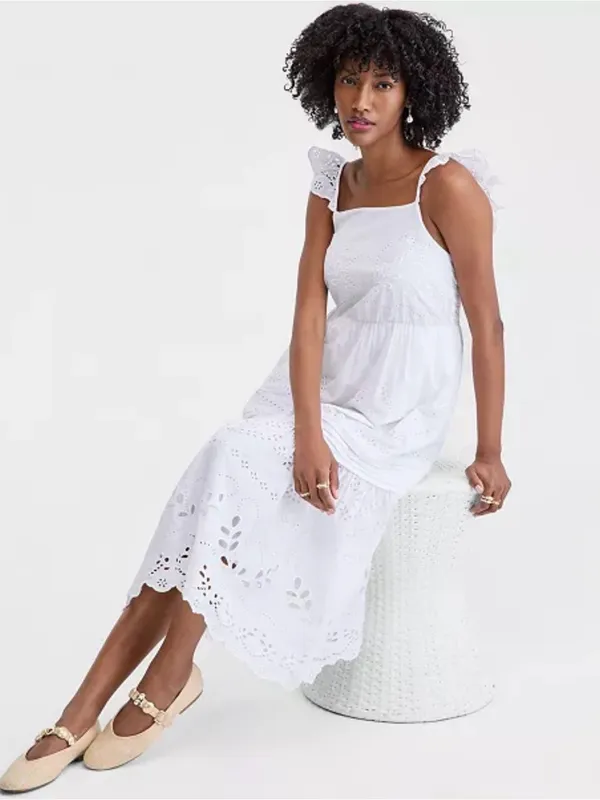 On 34th White Cotton Poplin Eyelet Pintucked Midi Dress Size Small - Image 5
