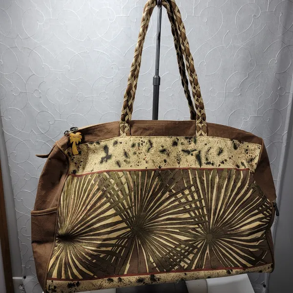 Paul Breut Travel Weekender Duffle Bag Large Brown Canvas Sequin Palm Tree Print - Image 12