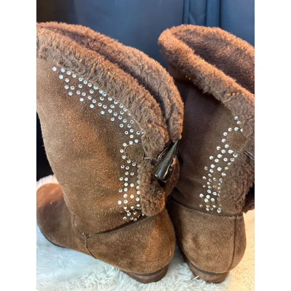 Top Gloria Brown Suede Faux Fur Rhinestone Toggle Mid Calf Boots Size 37 - Image 6