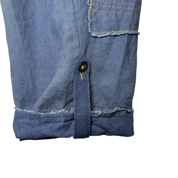 Y2K Linen Cargo Capri Blue Utility Boho Cropped Pants Sz L Button‎ Fly Wide Leg - Image 11