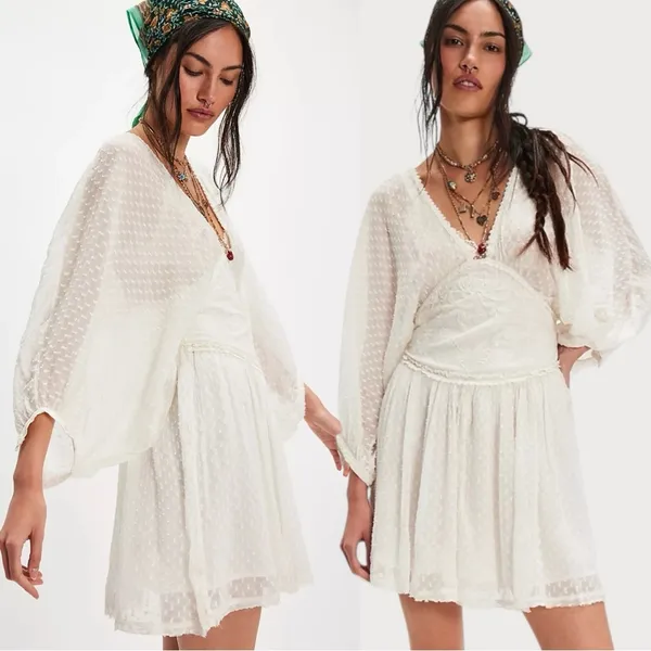 Free People Bohemian Ethereal Cottage Sweet Dreams Mini Dress in Tofu Medium - Image 12
