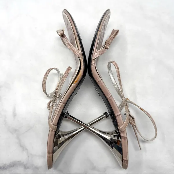 Cesare Paciotti Vintage Y2K Dagger Bow Croc Open Toe Stiletto Sandal Heels 40 - Image 9