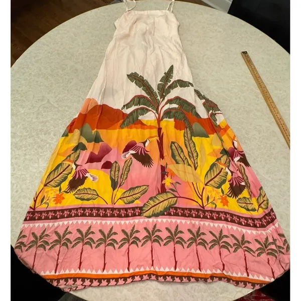New Paper Heart Strapless Maxi Dress Linen Tropical Palm Print Resort Size Small - Image 5