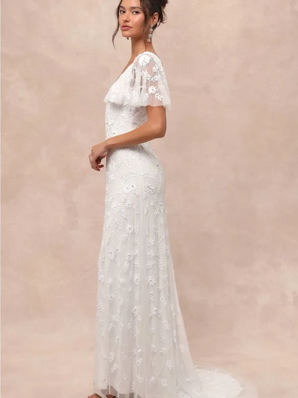 Lulu's Safiya White Sequin Flutter Sleeve Maxi Dress - Image 4