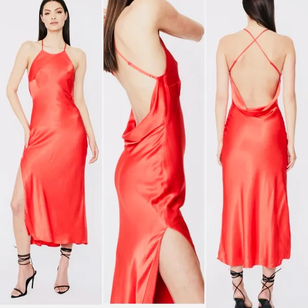 Bardot Mila High Jewel Neck Cowl Back Satin Slip Dress in Fire Red Size‎ 2 - Image 6