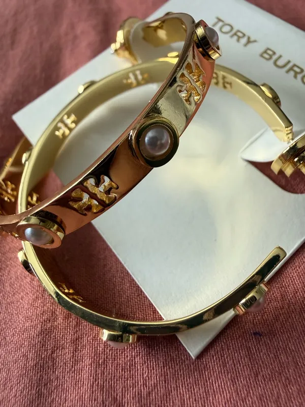 Tory Burch | Gold Plated Logo & Pearl Hoop Earrings - Image 2