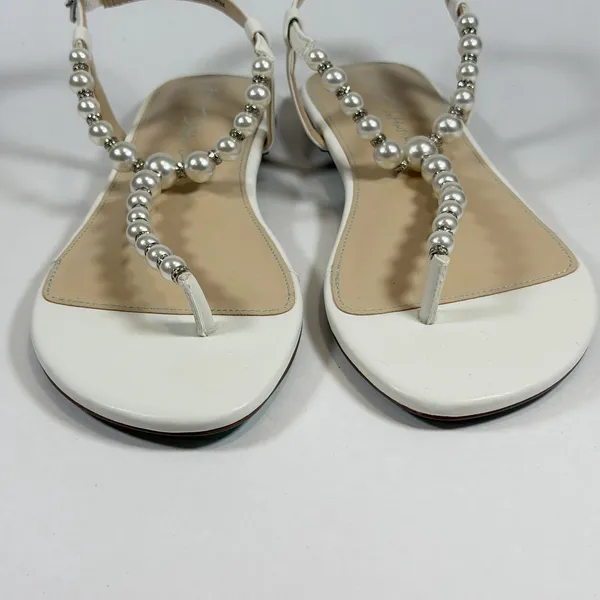 Betsey Johnson Size-6.5 Women Flat Sandals‎ Gal Pearl Strap White - Image 4
