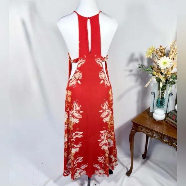 Free People Back 2 You Red Floral Strappy Open Side Midi Slip Dress Boho Sz S🧡 - Image 3