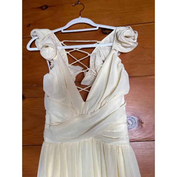 NWT Lulus Soiree Celebration Light Yellow Ruffled Lace-Up Maxi Dress Tiered S - Image 4