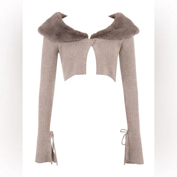 House of CB Fur Trim Knit Cashmere Crop Cardigan S - Camel / Dark Beige - Image 2