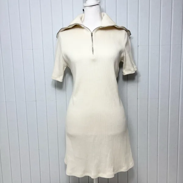 ZARA Sweater Dress Ivory Short Sleeves Quarter Zip Ribbed Knit Size Size M‎ - Image 9