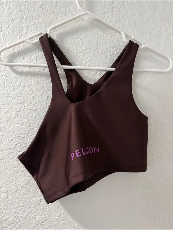 PELOTON Women's Chocolate Brown Asymmetric Cropped Sports Bra with Purple Logo - Image 5