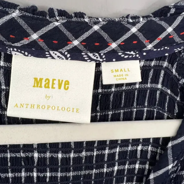 Maeve Anthropologie Dress Womens Small Navy Blue Great Plaid Smocked Tie Waist - Image 2