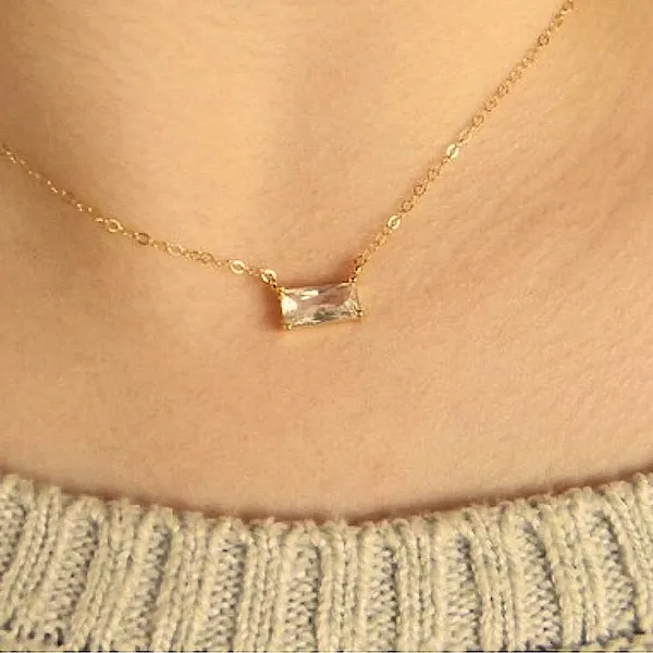 NEW Minimalist Gold Necklace with Simulated‎ Diamond Emerald Cut Pendant, 16-18” - Image 6