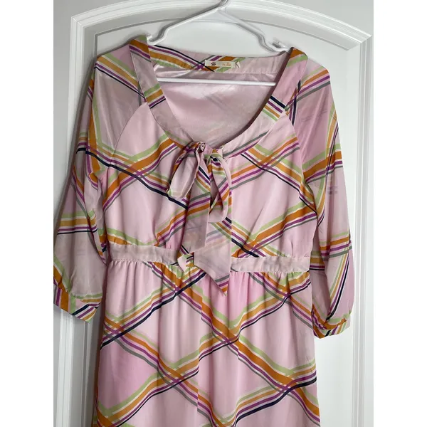 VTG Tulle Dress Small Powder Pink Chiffon Plaid Tie Neck Preppy Academia - Image 3