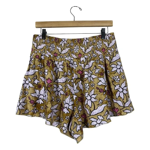 Aerie Smocked Floral Batik Shorts Mustard Yellow Boho High Rise Flowy Size L - Image 3