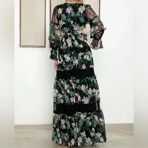 Tiered Black and Green Floral & Lace Cut Out Maxi Dress - Image 2