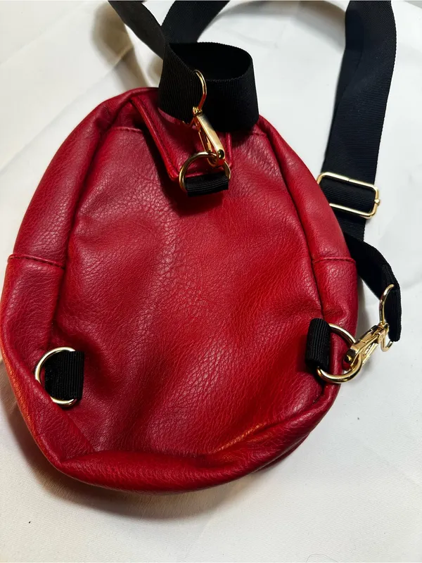 T547. Kedzie Red Vegan Leather Mini Convertible Backpack Crossbody Gold Hardware - Image 6