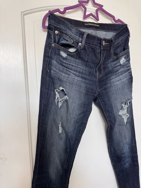 Express Dark Blue Distressed Skinny Jeans Size 6 LONG - Image 4