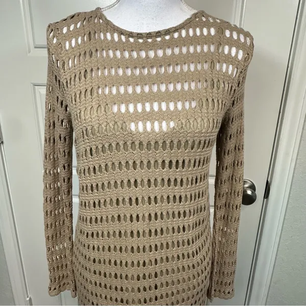 Zara Classic Open Knit Boho Crochet Lined Midi Length Dress in Tan Size Medium - Image 3