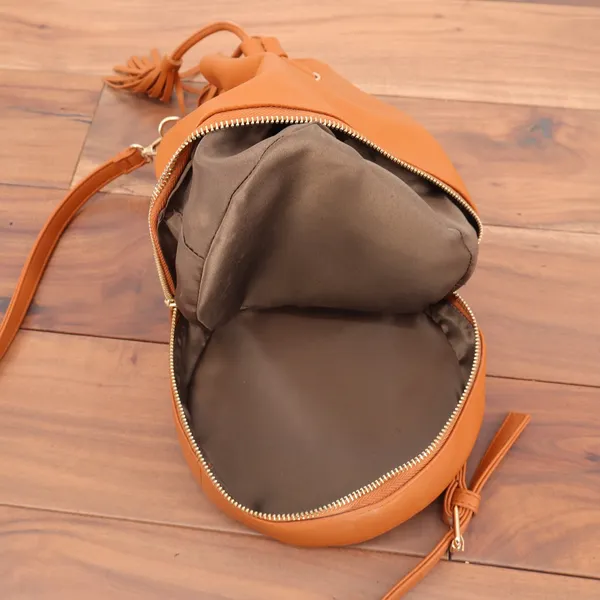 Cognac Brown Faux Leather Drawstring Bucket Bag Tassel Crossbody Zipper Bottom - Image 3