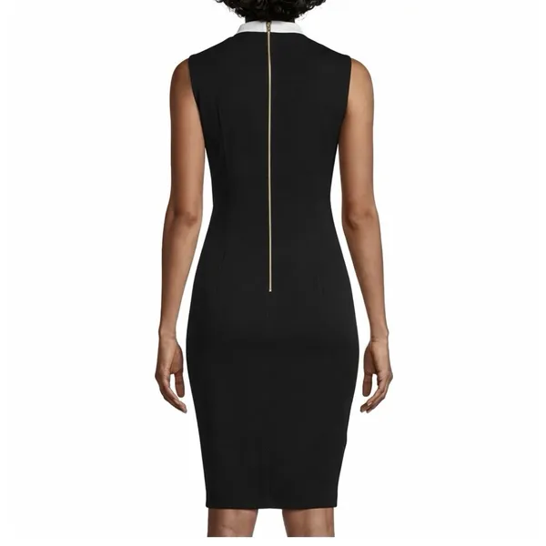 Calvin Klein‎ Black White Bow High Neck Sleeveless Stretch Crepe Sheath Dress 8 - Image 2