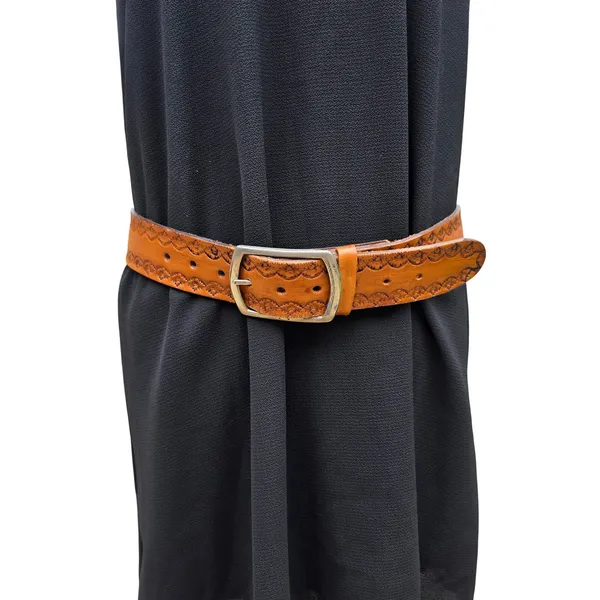 Vintage Tooled Leather Belt Tan Brown Scalloped‎ Floral Western Boho Medium - Image 2