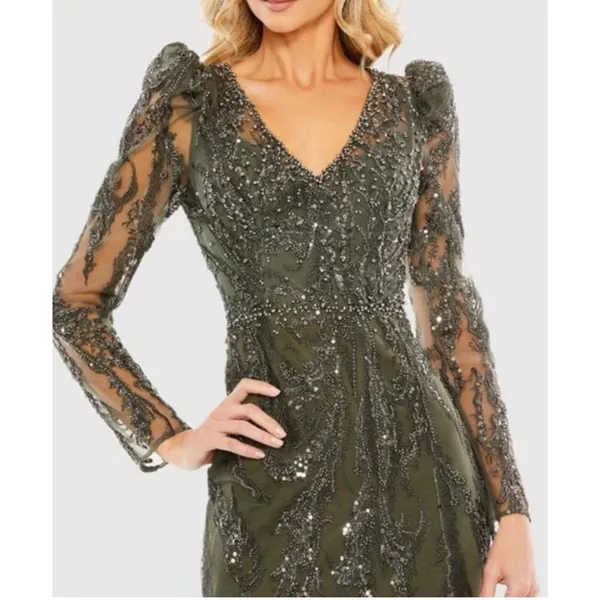 NWT Mac Duggal 20349 Olive Green Beaded V-Neck Gown‎ Long Sleeve Formal Sz 10 - Image 3