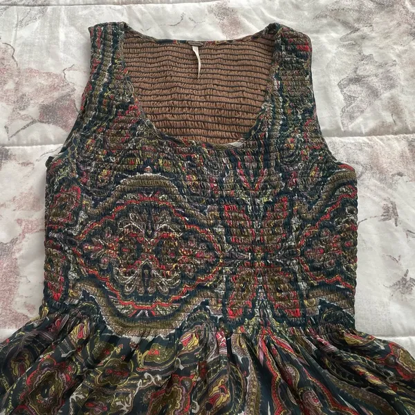 Free People brown floral smocked fit & flare lined blouse, size XS bohemian - Image 7