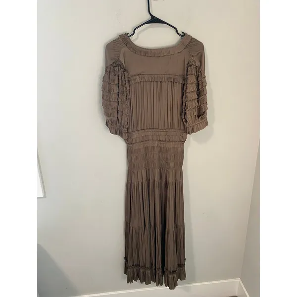 Ulla Johnson Taupe Ruched Ruffle Midi Dress Boho Size 8 - Image 3