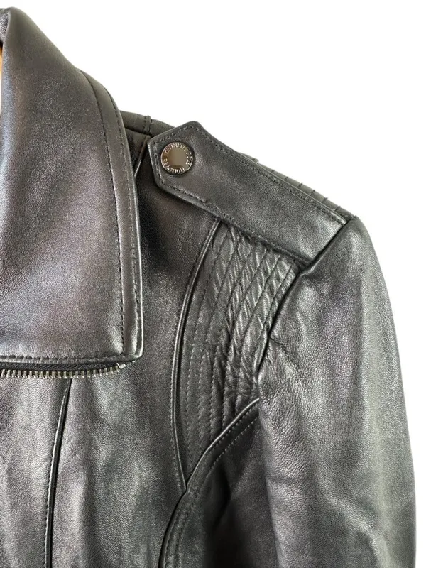 Kenneth Cole Reaction Black Leather Moto Jacket Women’s L Y2K Biker Zip - Image 4