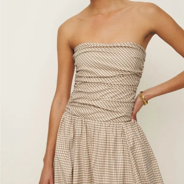 Reformation Clea Anzo Check Strapless Beige Gingham Bubble-Hem mini dress, 6 - Image 2