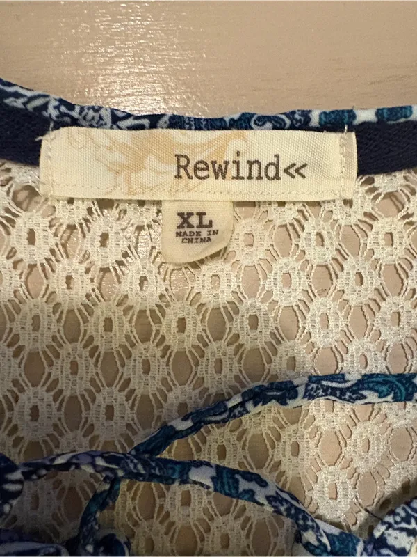 Rewind Indigo Blue Printed Crochet Yoke Tie-Front Blouse - Image 2