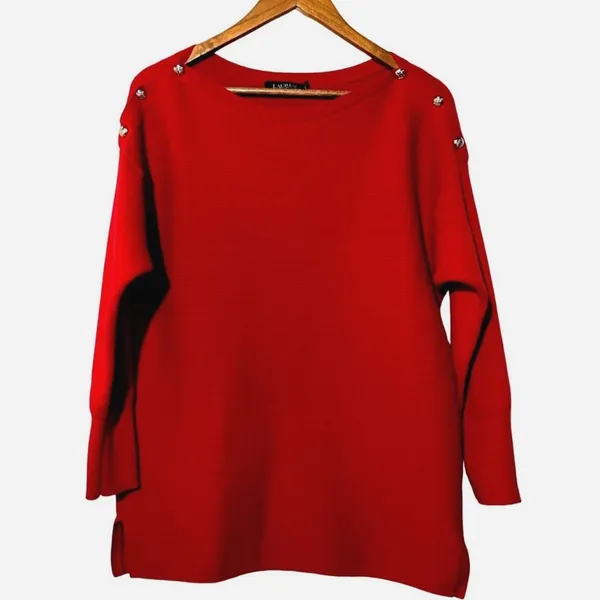 Lauren Ralph Lauren Ribbed Sweater Red Boat Neck Button Shoulder Women's Large - Image 2