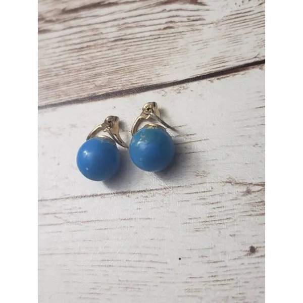 Vintage Clip On Earrings 3/8" Blue Ball - Cosmetic Issues - Image 2
