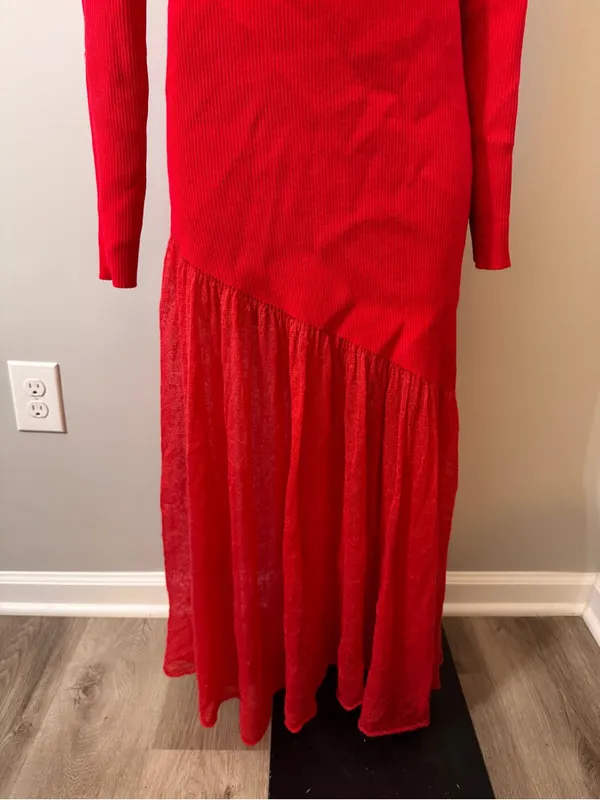 Commense Red Maxi Sweater Dress Ribbed Large Turtleneck Sheer Hem Evening - Image 6