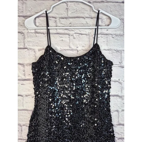 Vtg Hollywood Nites Sequin Dress Sz 8 Homecoming Black Cocktail Cami Mini 90s - Image 4
